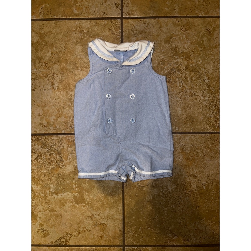 Hartstrings Baby Blue Oxford Sailor Romper Double Breasted Anchor Buttons 6-9M